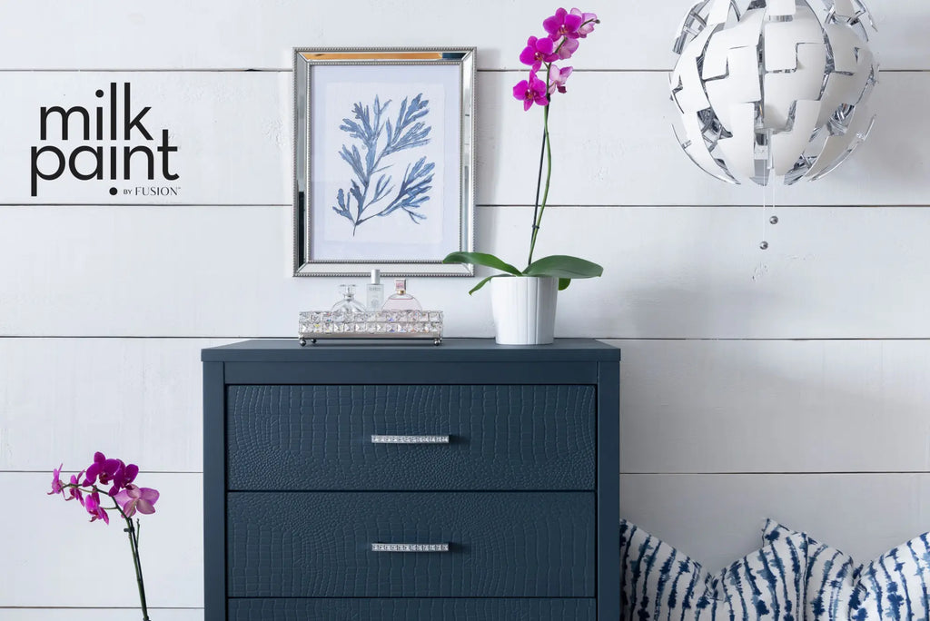 Milk Paint by Fusion night swim blue milk paint on a dresser