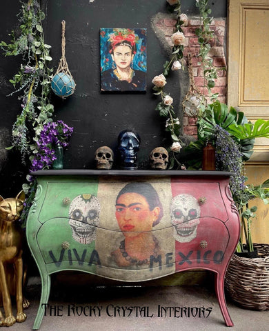 bombe chest painted white green and red with a Frida Kahlo picture and skulls