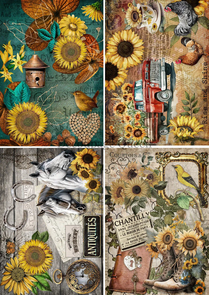 Decoupage Queen Country Sunflowers- 4 designs 1 page VELLUM Paper A4-11.7 x 8.3 in-BluebirdMercantile