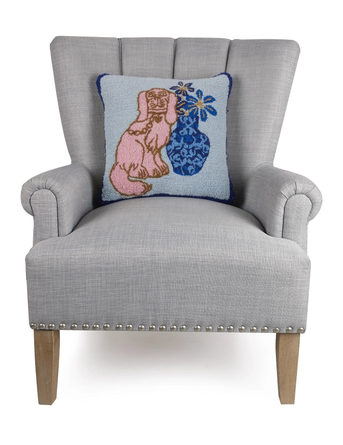 Foo Dog and Vase  pillow- Hooked style. Grand Millennial Palm Beach Style dusty blue, pink, tan, blue, and coral-BluebirdMercantile