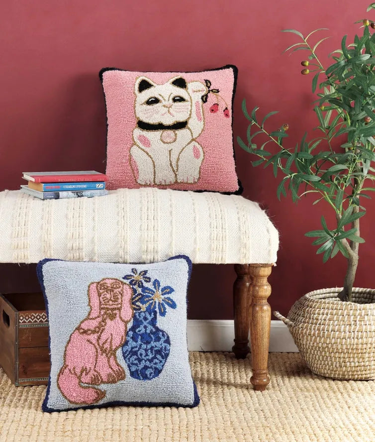 Foo Dog and Vase  pillow- Hooked style. Grand Millennial Palm Beach Style dusty blue, pink, tan, blue, and coral-BluebirdMercantile