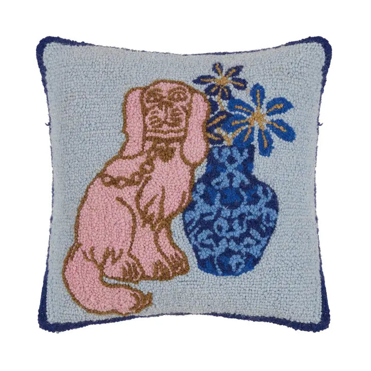 Foo Dog and Vase  pillow- Hooked style. Grand Millennial Palm Beach Style dusty blue, pink, tan, blue, and coral-BluebirdMercantile