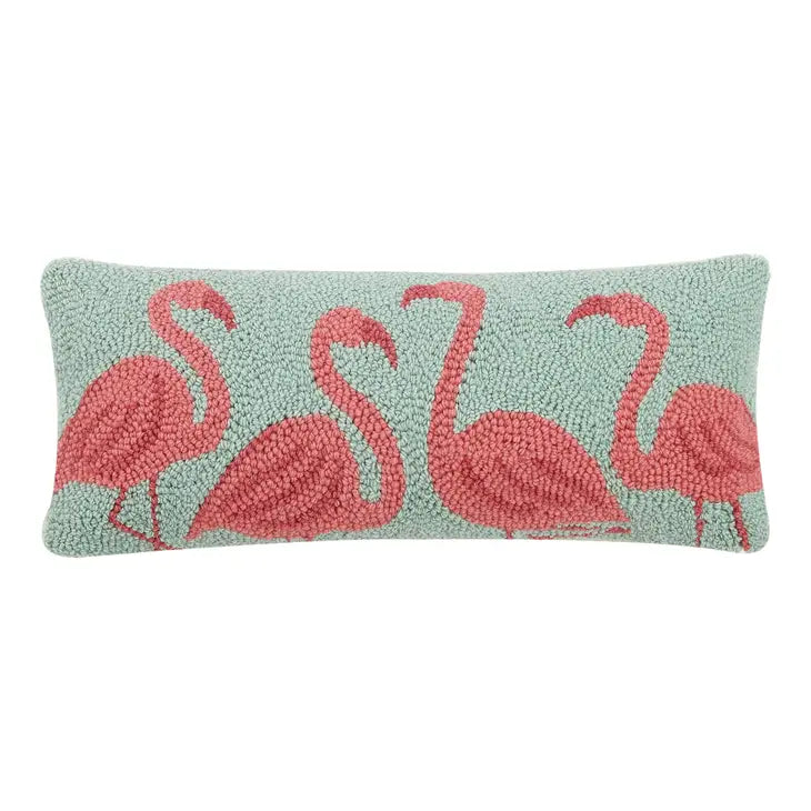 Four Flamingo pillow- Hooked style. Grand Millennial Palm Beach Style turquoise, pink, blue, andcoral-BluebirdMercantile