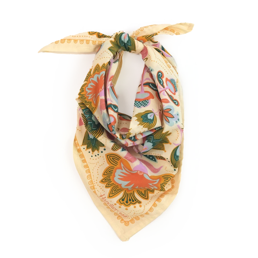 Handker Ingrid Premium Cotton Handmade Bandana #133 Cream Turquoise Coral pattern - bandana