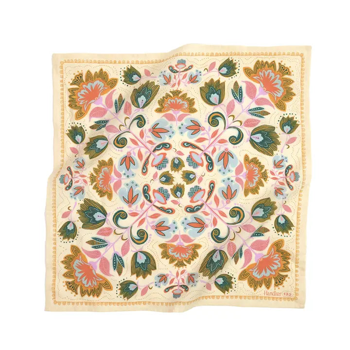 Handker Ingrid Premium Cotton Handmade Bandana #133 Cream Turquoise Coral pattern - bandana