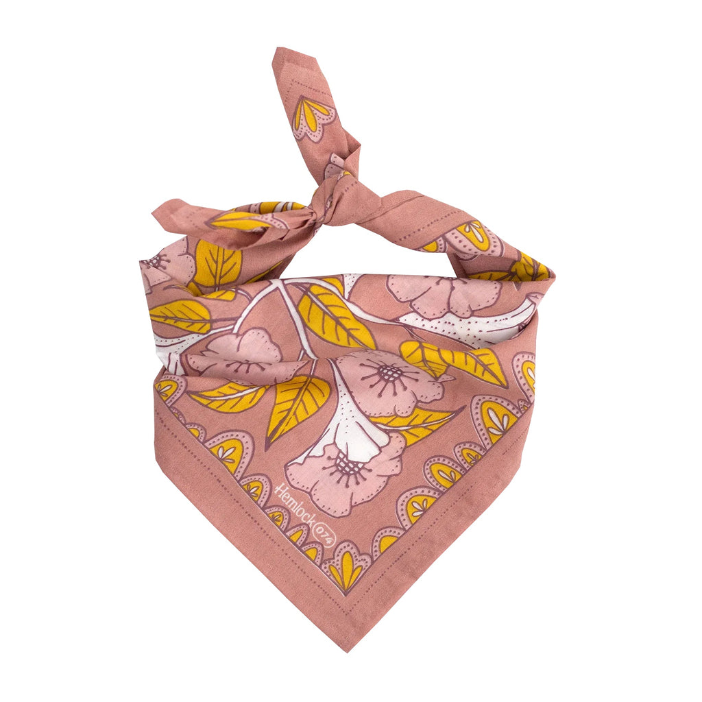 Hemlock Goods now HANKER Evangeline # 74 Premium Cotton Handmade Bandana pink gold mauve white geometric floral print.-BluebirdMercantile