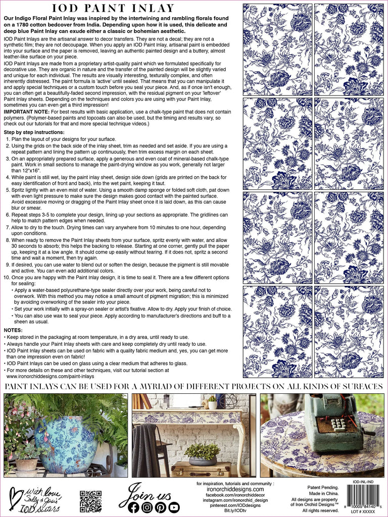 Iron Orchid Designs Paint Inlay Indigo Floral 8 12 x 16 in. sheets-BluebirdMercantile