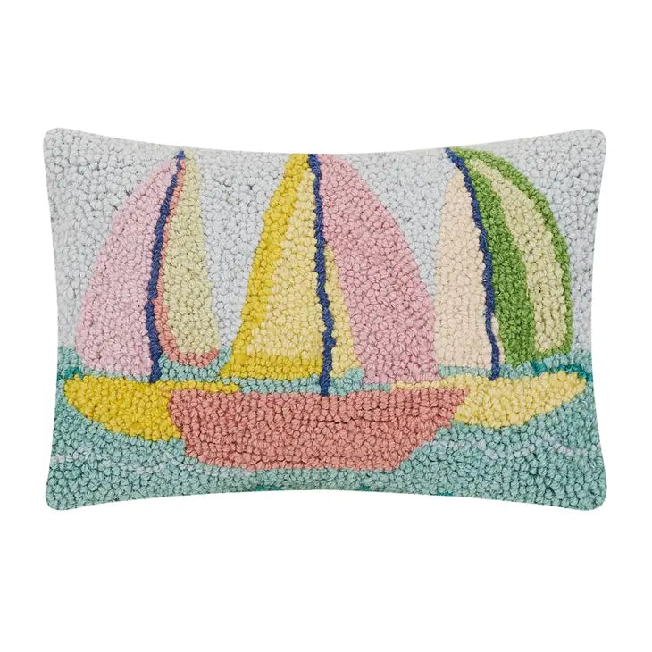 Sailboats pillow- Hooked style. Grand Millennial Palm Beach Style green pink blue yellow coral-BluebirdMercantile